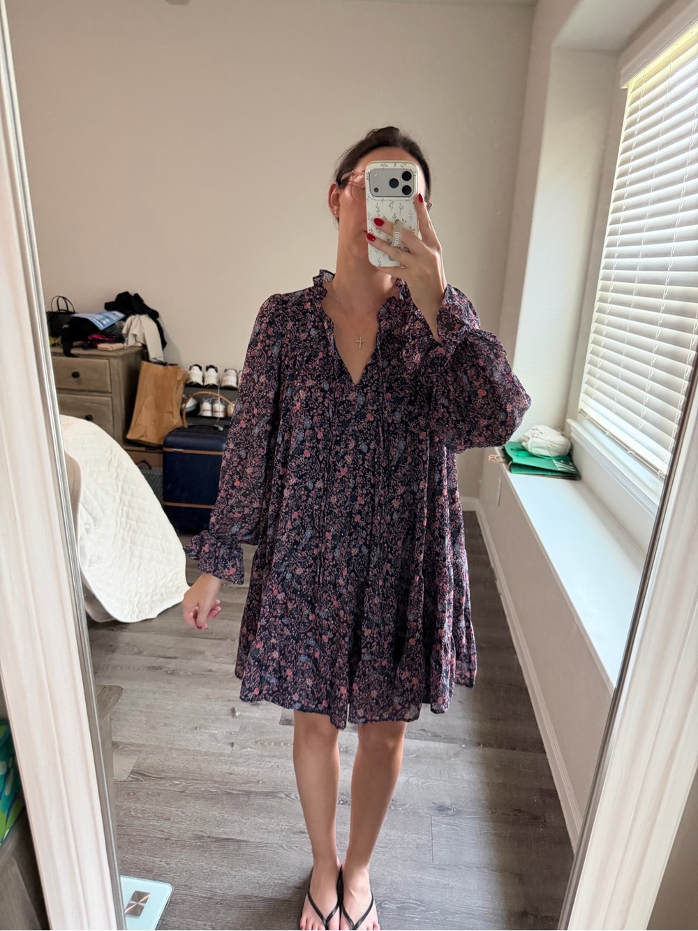 Flowy Floral Long-Sleeve Mini Dress - Pink on Dark